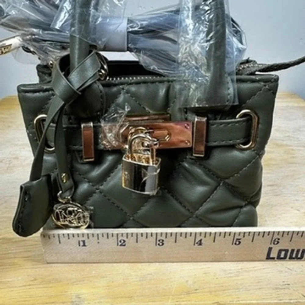 Badgley Mischka Mini Satchel Tote Olive Green Quilted Crossbody Handbag Lock NWT